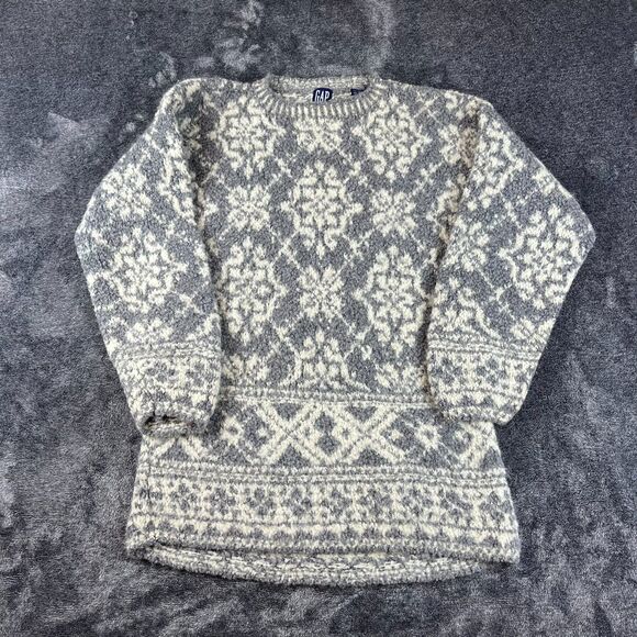 Vtg GAP Wool Mohair Knitted Nordic Snowflake Sweater Crewneck Women's L - Picture 1 of 10